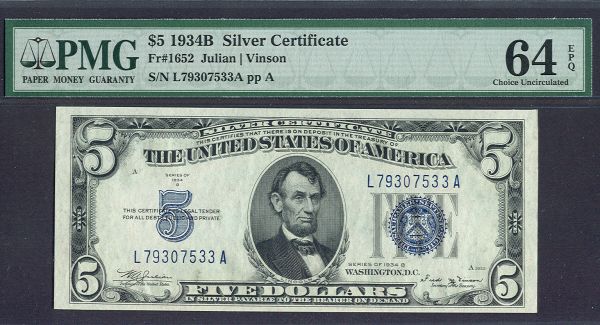 Fr.1652 1934B $5 Silver Certificate, Ch./Gem, PMG64 Exceptional Paper Quality